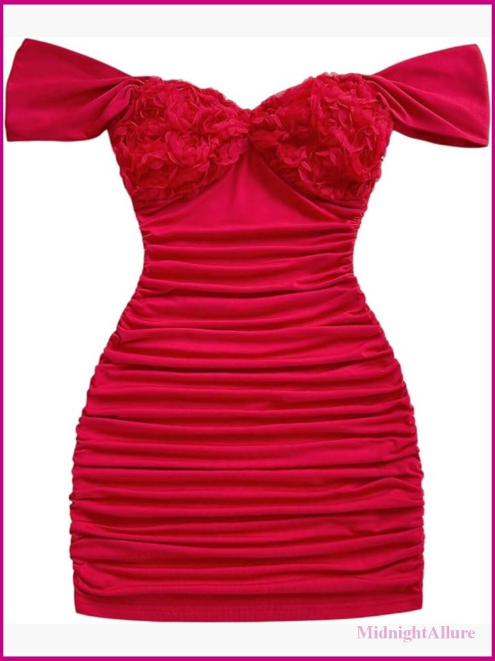 Bodycon Mini Dress with Floral Appliqués, Off-Shoulder, Ruched, Party Wear